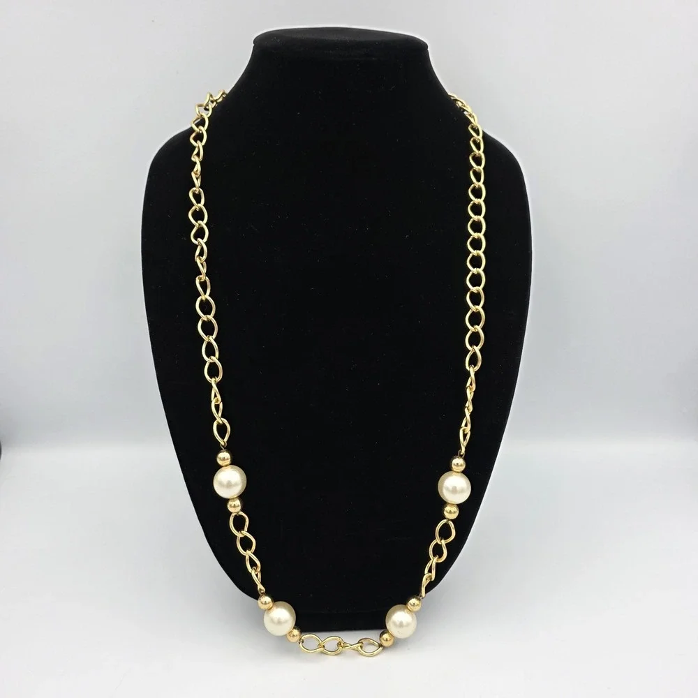 16'' Gold Tone Necklace With Faux Pearls And Linked Chains